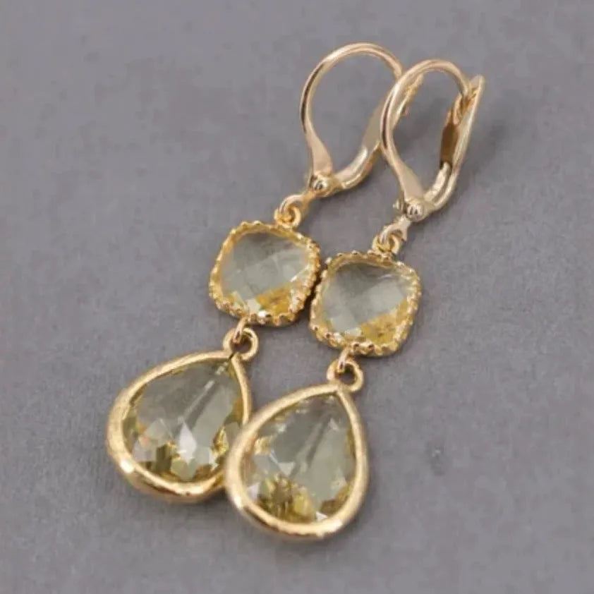 Gold geometric women's earrings with long fringe and water droplet crystals
