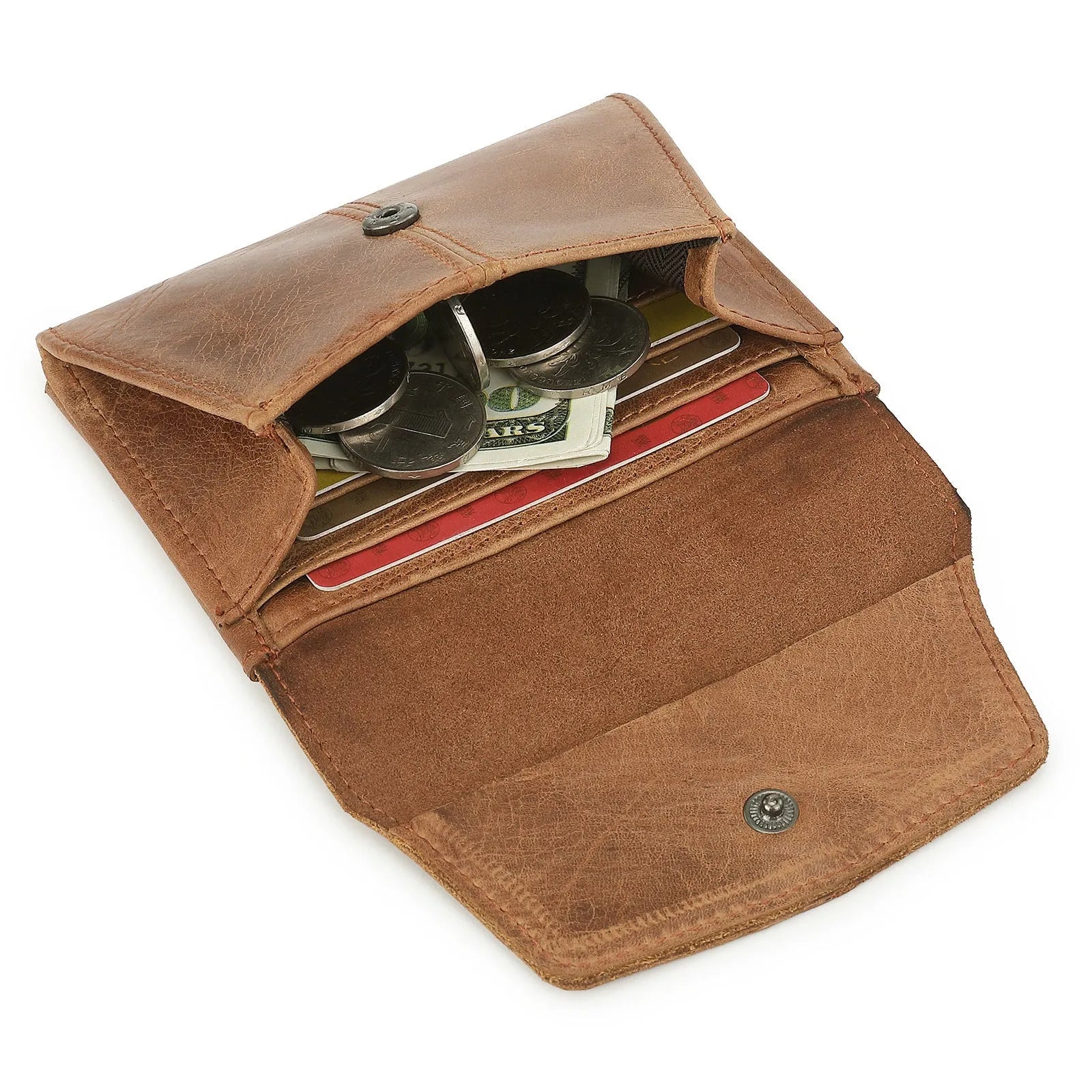 Lockable genuine cowhide leather coin purse in retro style, shown in one of six colours: black, brown, coffee, olive green, red, or navy blue.