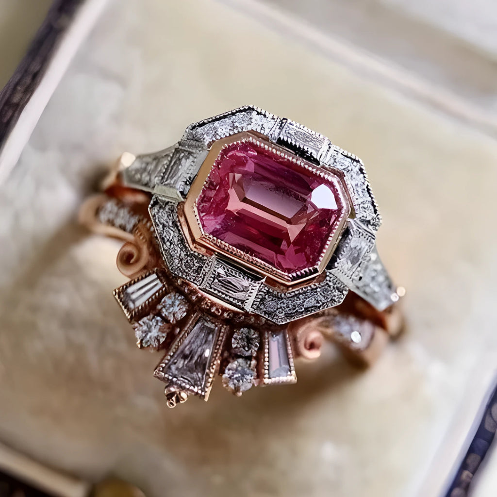 Women's retro-style geometric ruby ring in rose gold alloy on a hand.