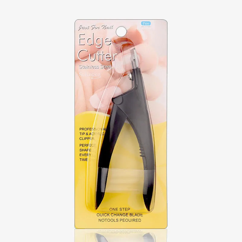 Close-up of stainless steel U-shaped nail art scissors with an electrophoretic black finish.