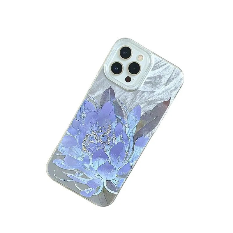 Hard polycarbonate iPhone case with blue lotus floral IMD pattern showing screen and camera cut-outs