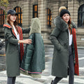 Women's long beige trench coat with two-way zip and cotton padding, shown in extended length.