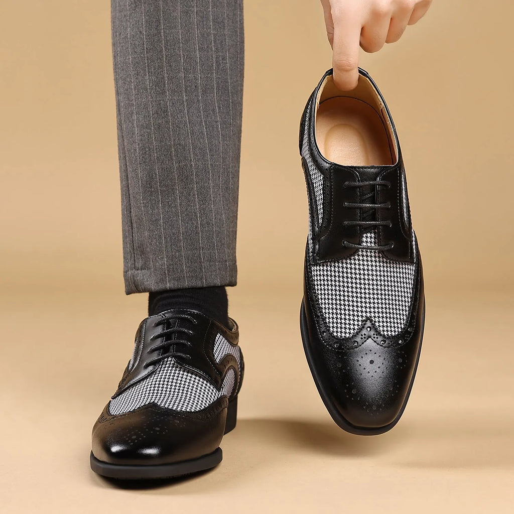 Men's houndstooth pattern casual shoes in square-toe design with lace-up front.