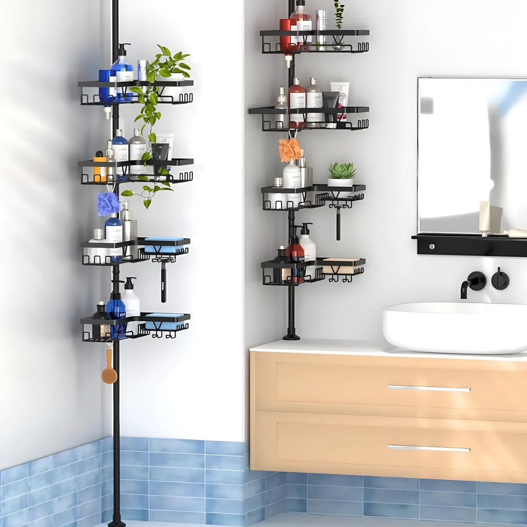 Hole-free stainless steel bathroom storage rack with four retractable layers