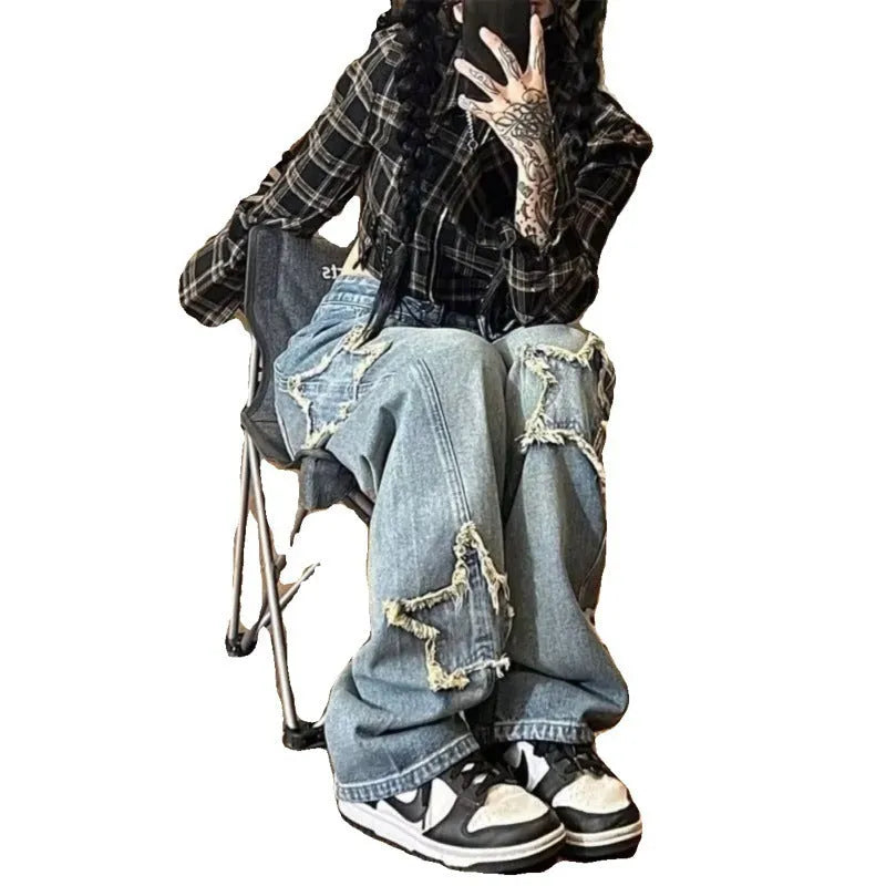 Blue high-waist straight-leg women's jeans on a model, showing the front and side fit.
