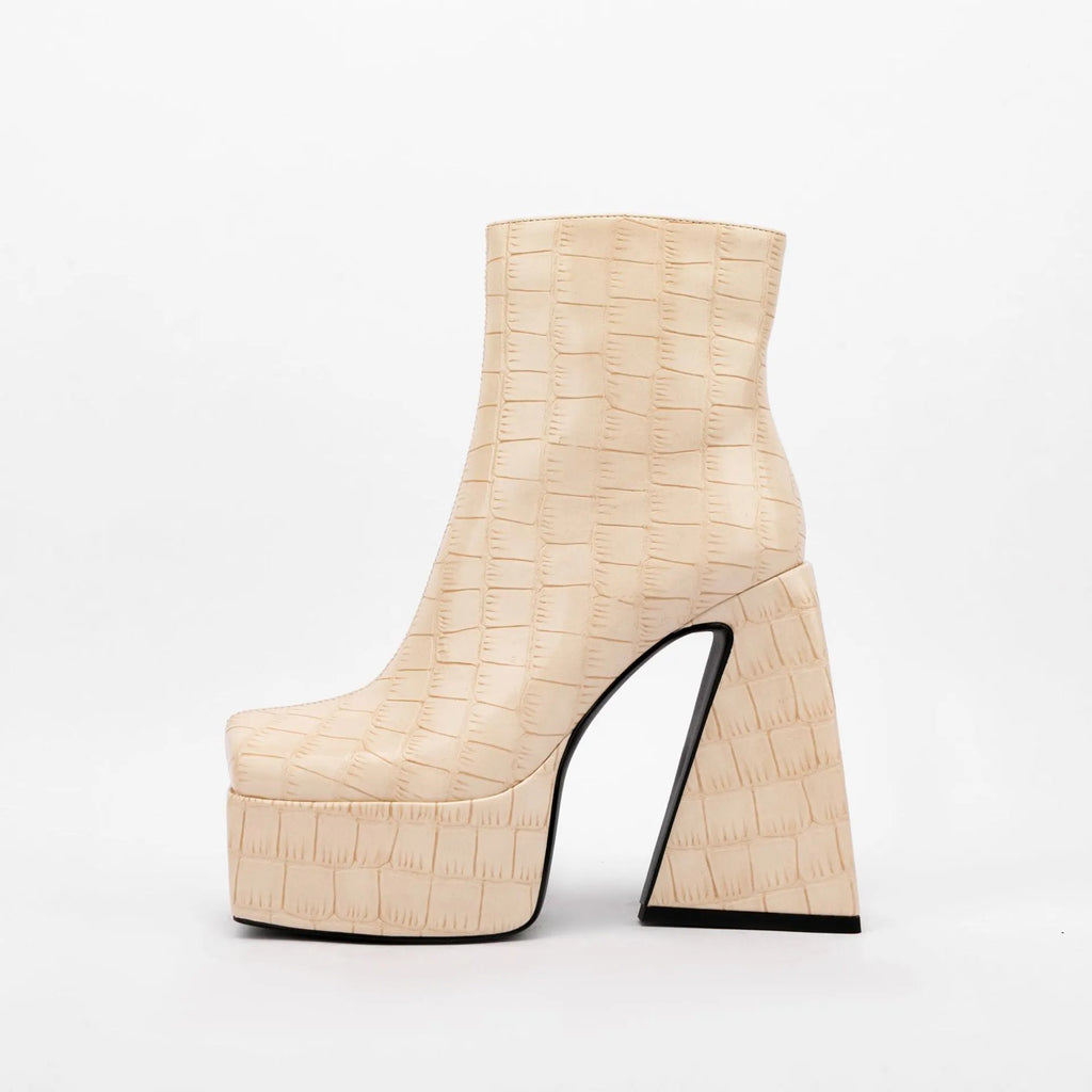 Women's super high heel ankle boots in artificial PU, available in red, green, black, beige, and brown.