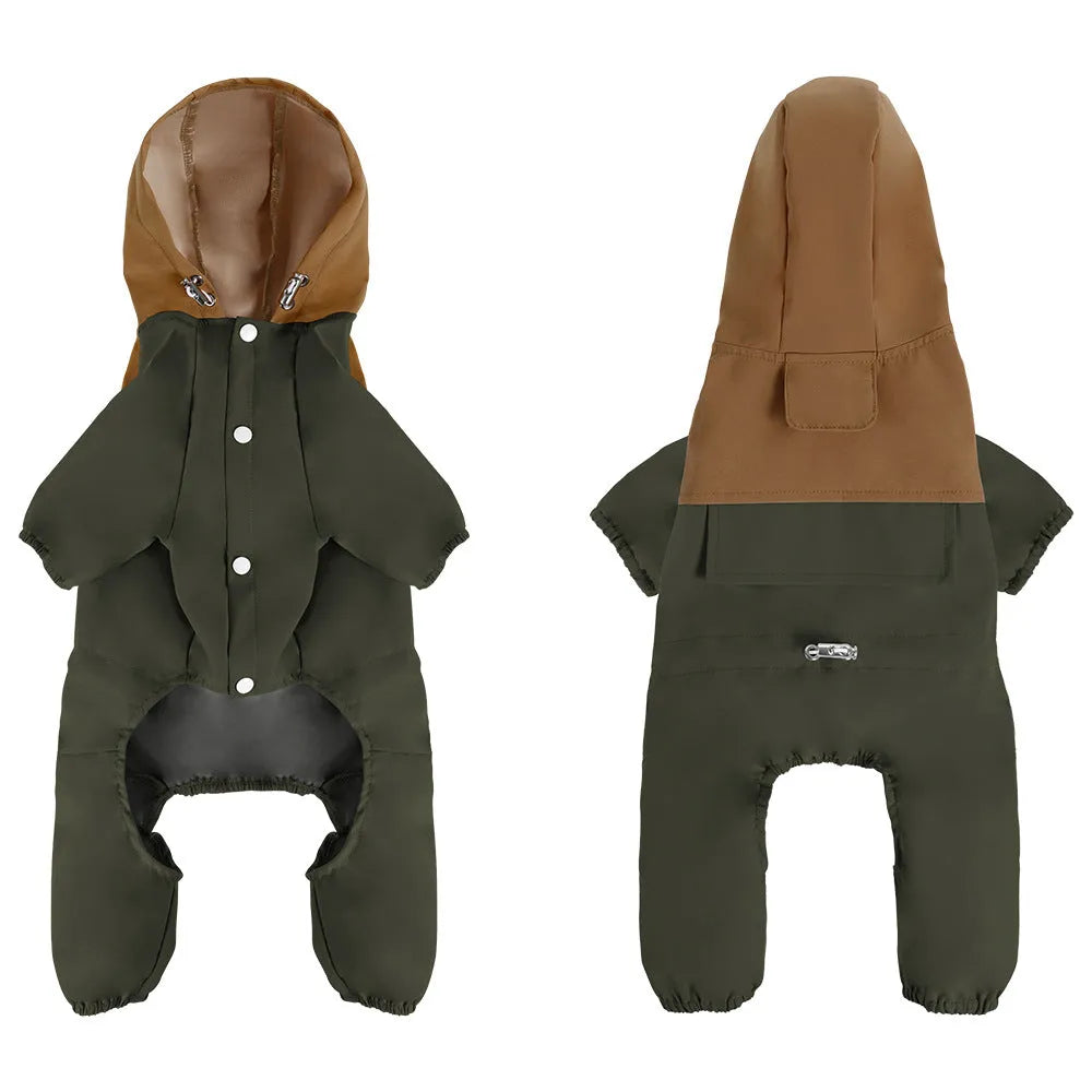 Khaki coloured waterproof shell jacket on a small dog, showing reflective trim and full-length belly zip.