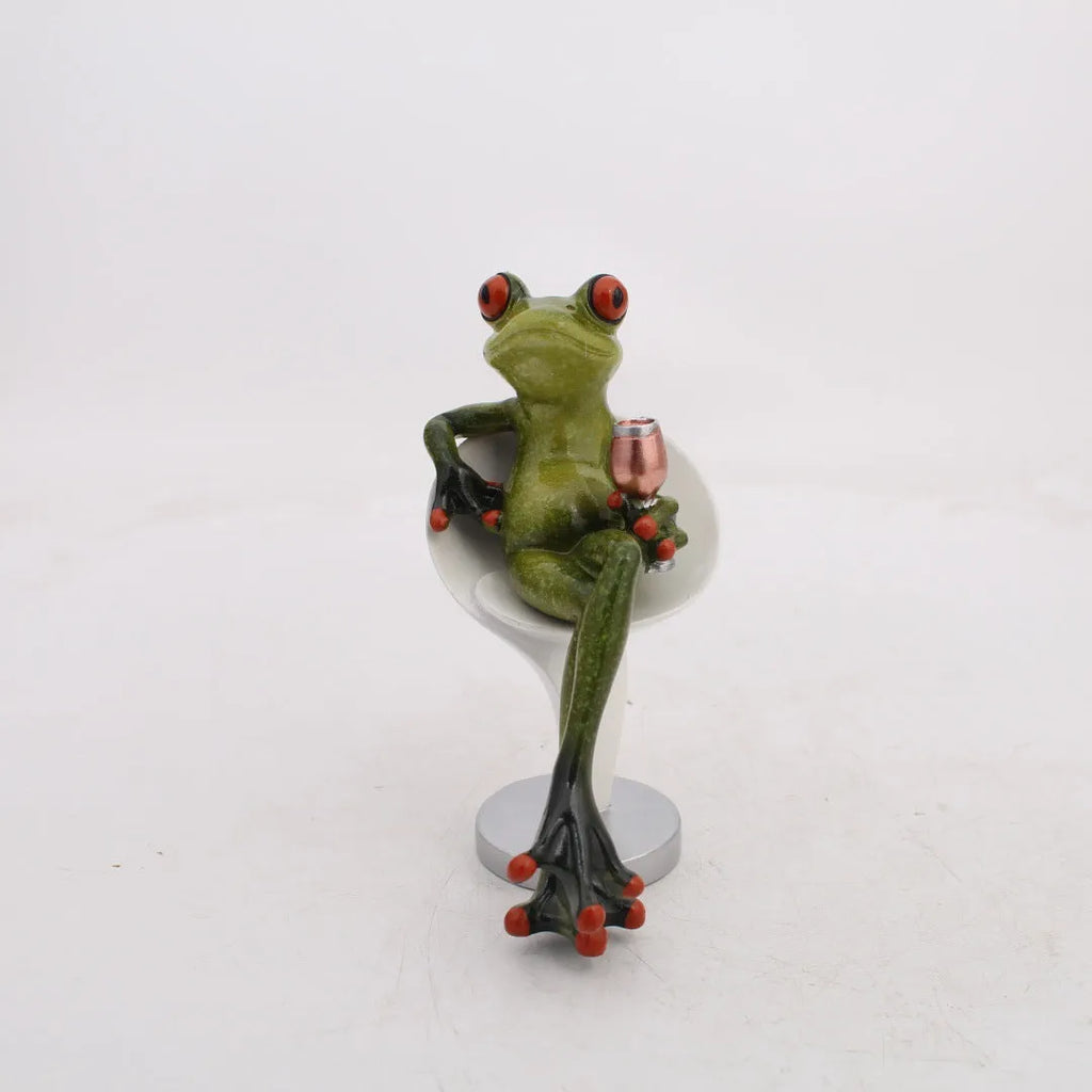 Pastoral style synthetic resin frog ornament with plastic base for shelf or desk decoration.