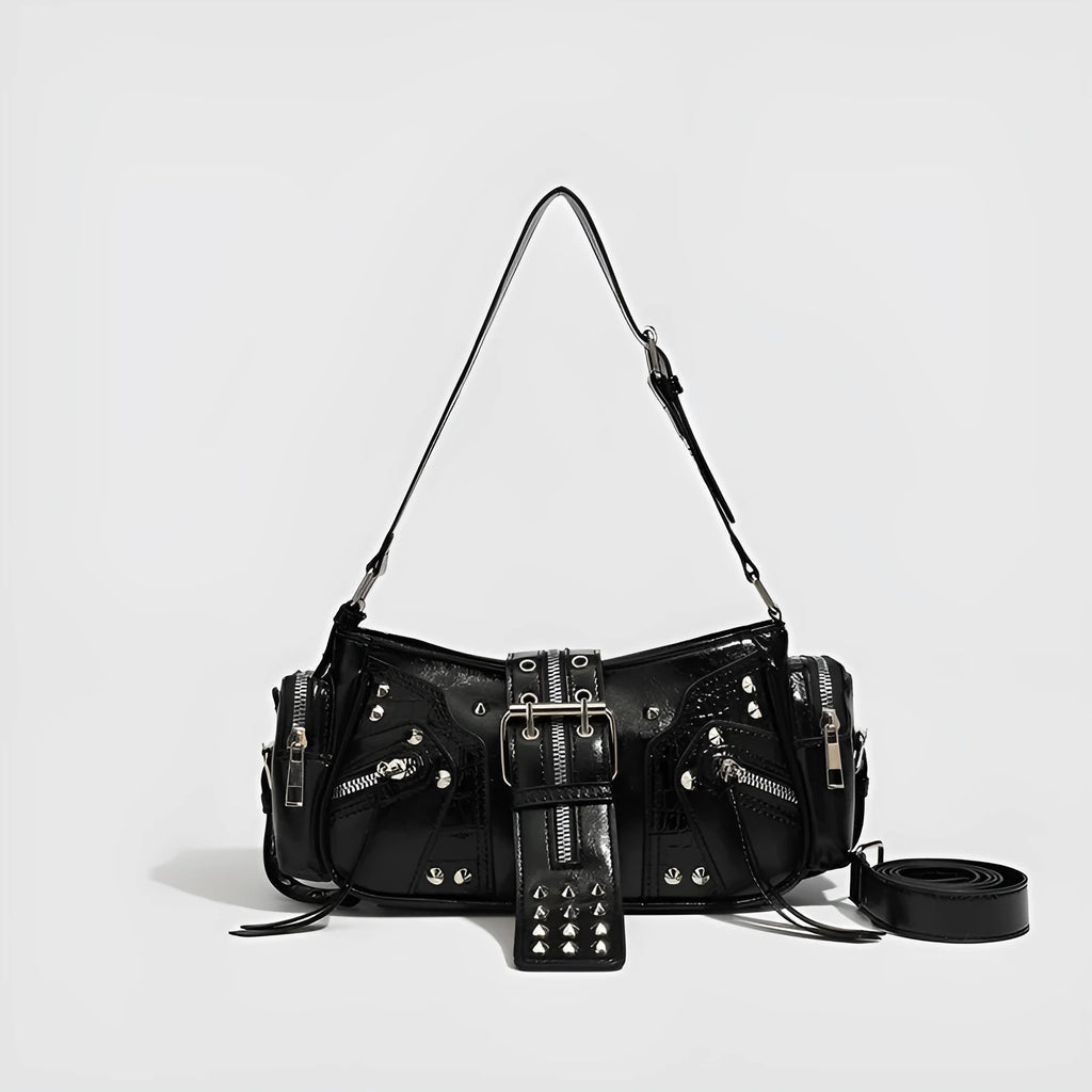 Black retro dumpling shape shoulder handbag with oil wax leather and three-dimensional outer pocket