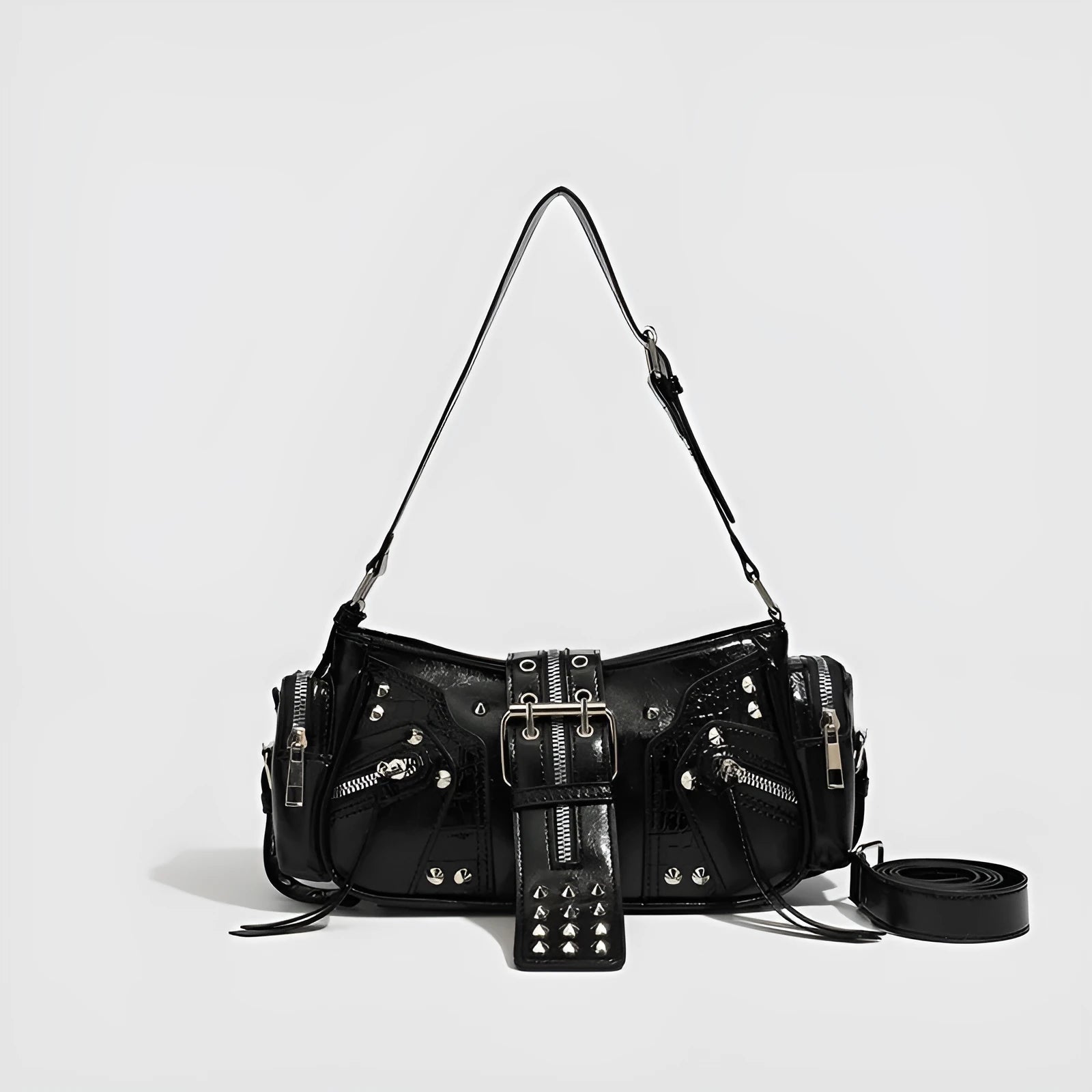 Black retro dumpling shape shoulder handbag with oil wax leather and three-dimensional outer pocket