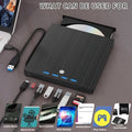 Black external DVD burner with USB and Type-C cables, tray loading slot, and 0.36 kg plastic body