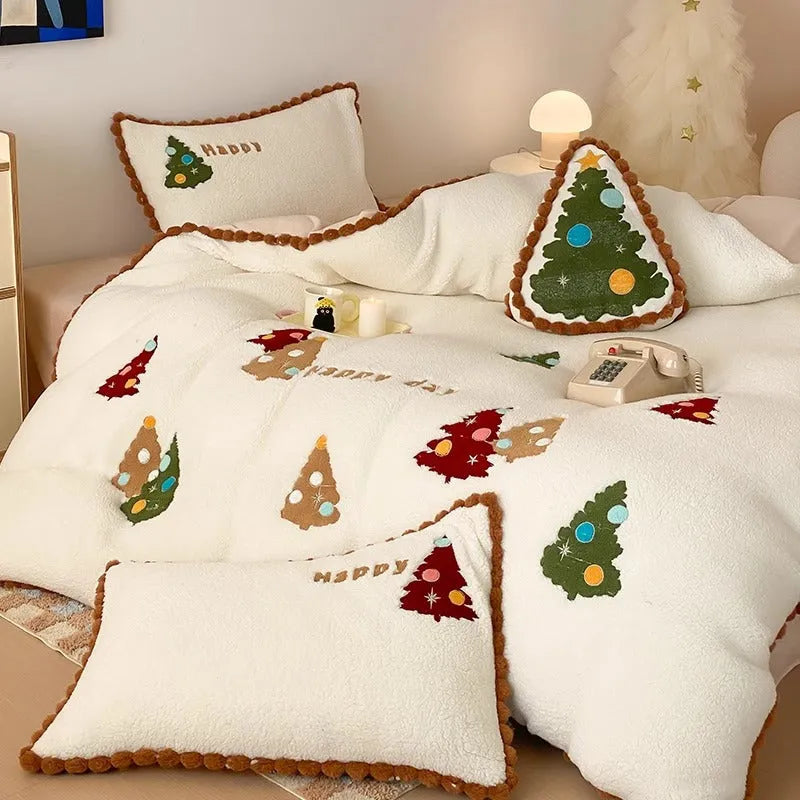 Bright yellow fleece-lined bedding set with embroidered cartoon Christmas trees on duvet cover and pillows.