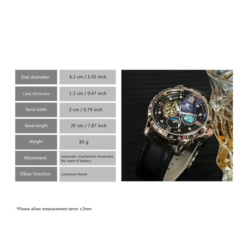 Men's black and rose gold automatic mechanical watch with hollow dial on a black leather strap.