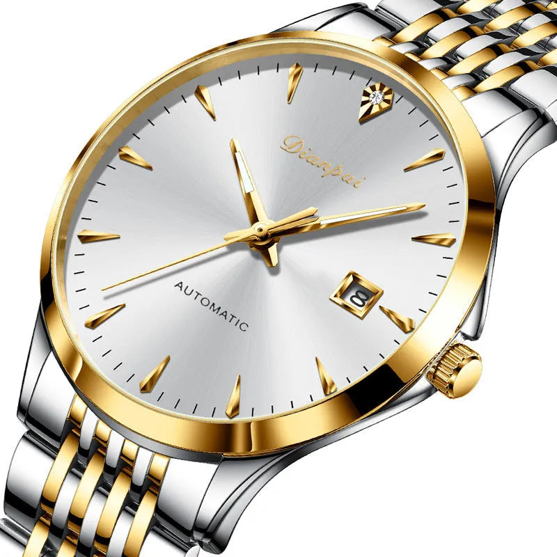 Men's simple dial automatic watch in stainless steel on wrist, showing golden black colour option.