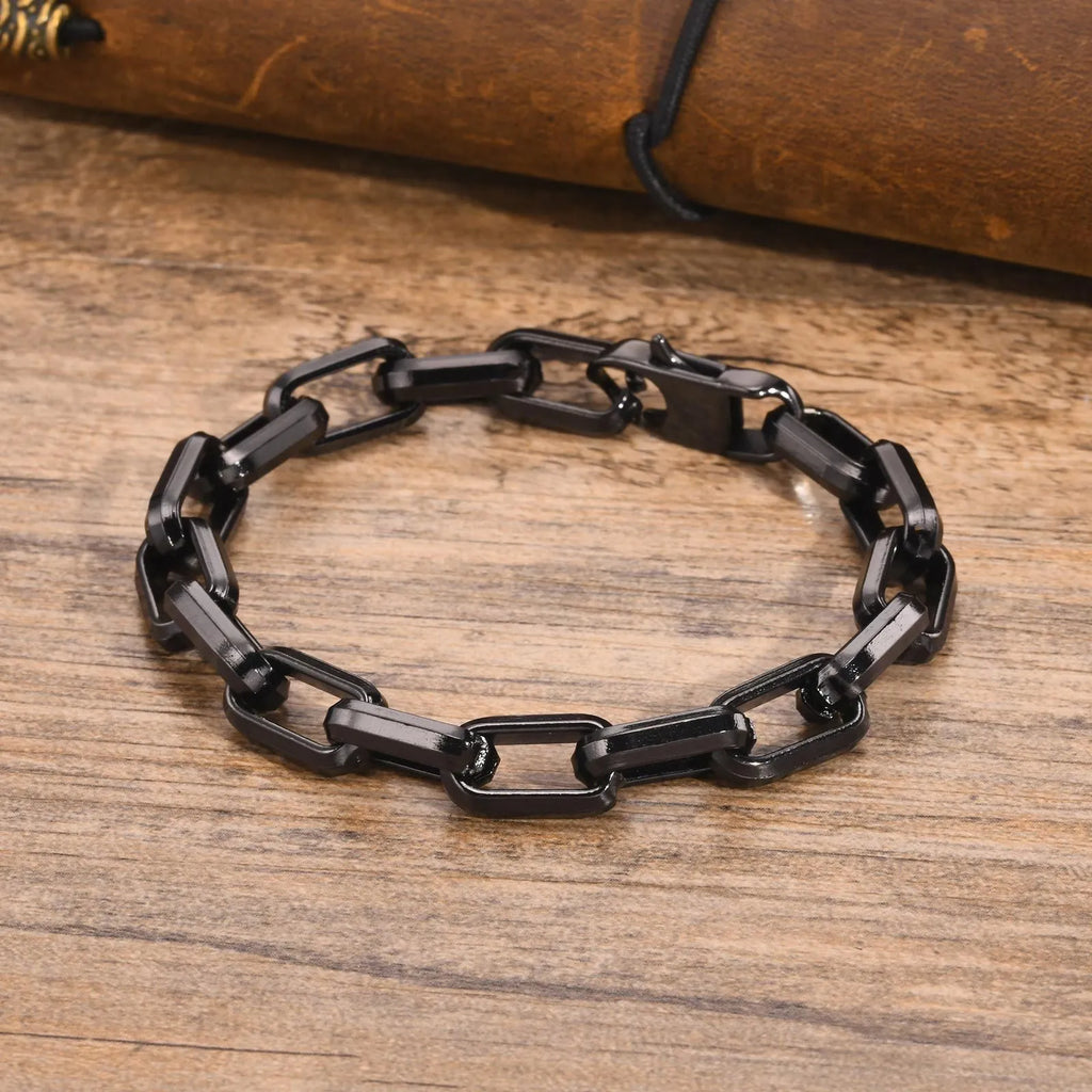 Men's simple square chain bracelet in titanium steel, shown in black, gold, retro, and steel colour options.