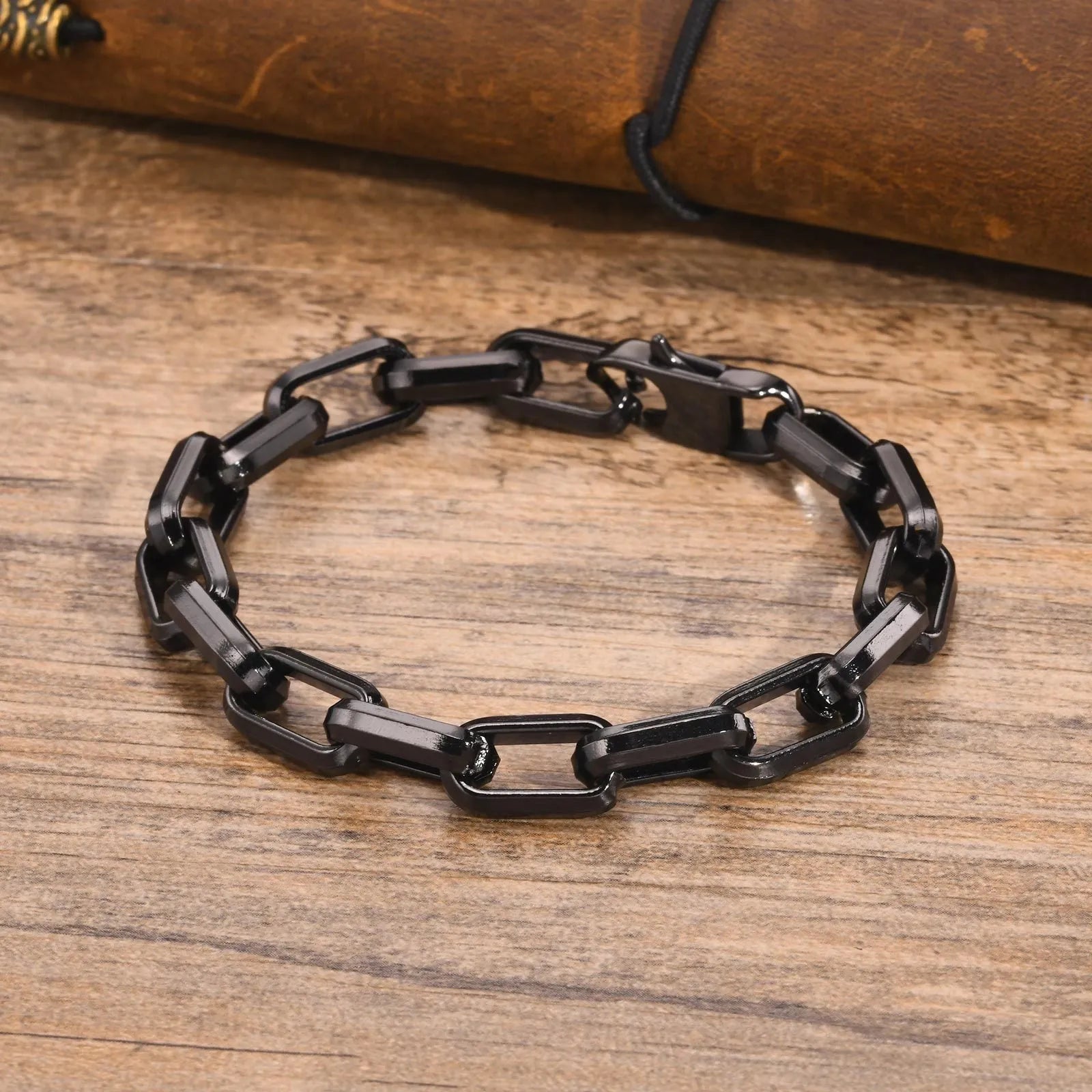 Men's simple square chain bracelet in titanium steel, shown in black, gold, retro, and steel colour options.