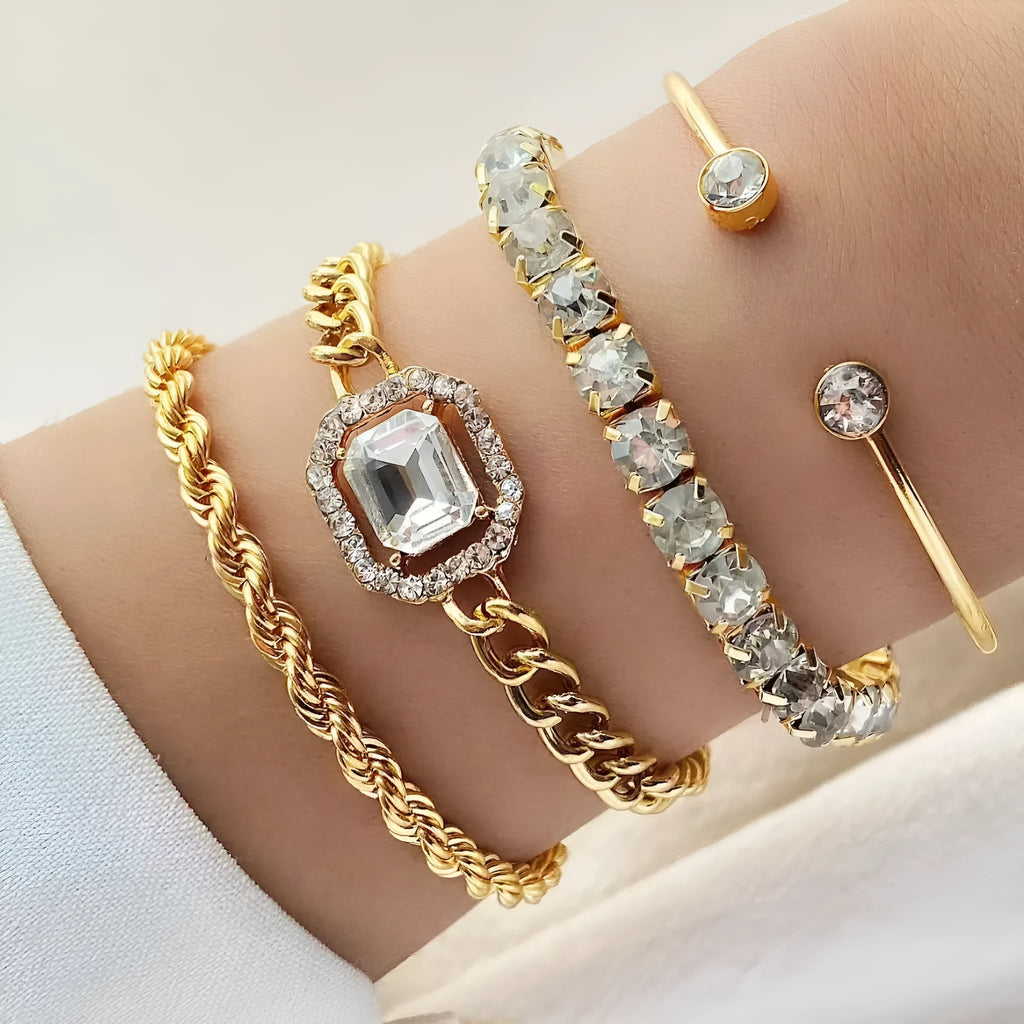 Women's retro-style geometric square diamond alloy bracelet set in gold and silver colours, four pieces shown.