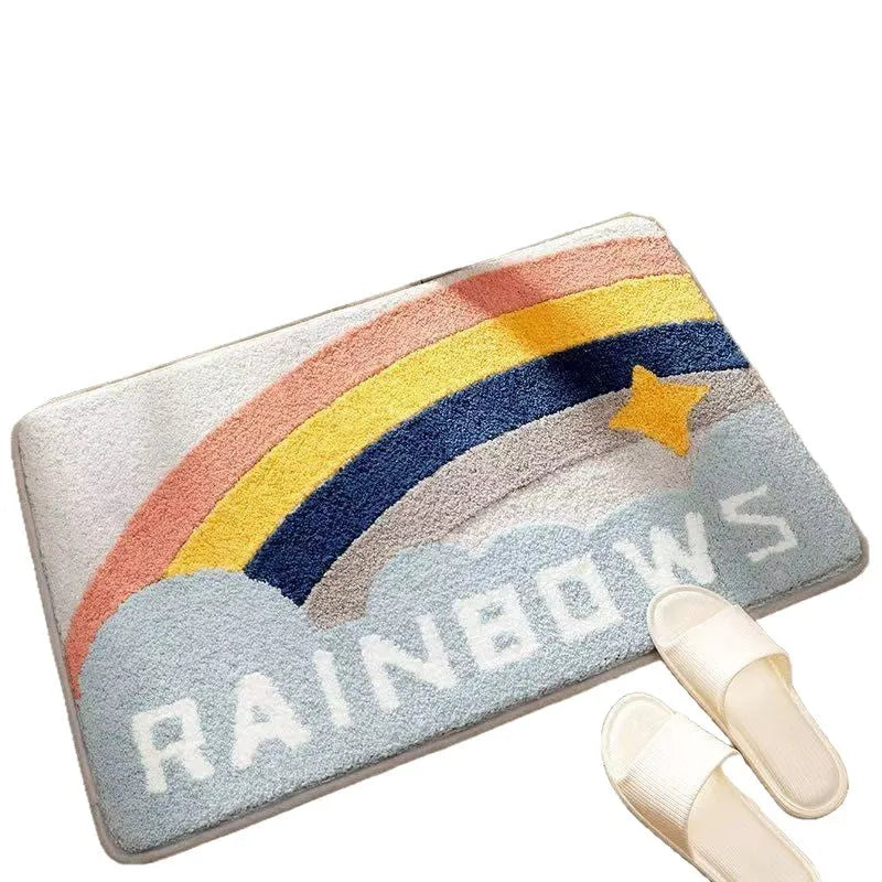Square rainbow pattern floor mat in sky sea colour with a flat polyester weave and plastic backing