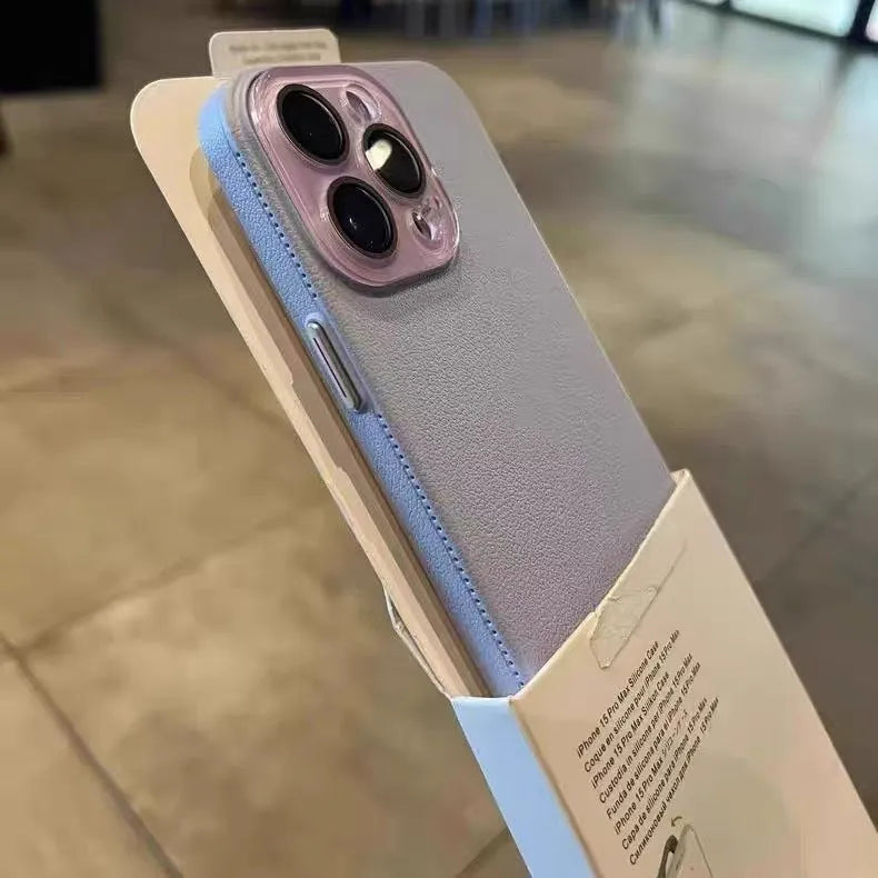 Hard shell iPhone case with embossed lychee pattern in black, brown, or taro purple for iPhone 11 to 16.