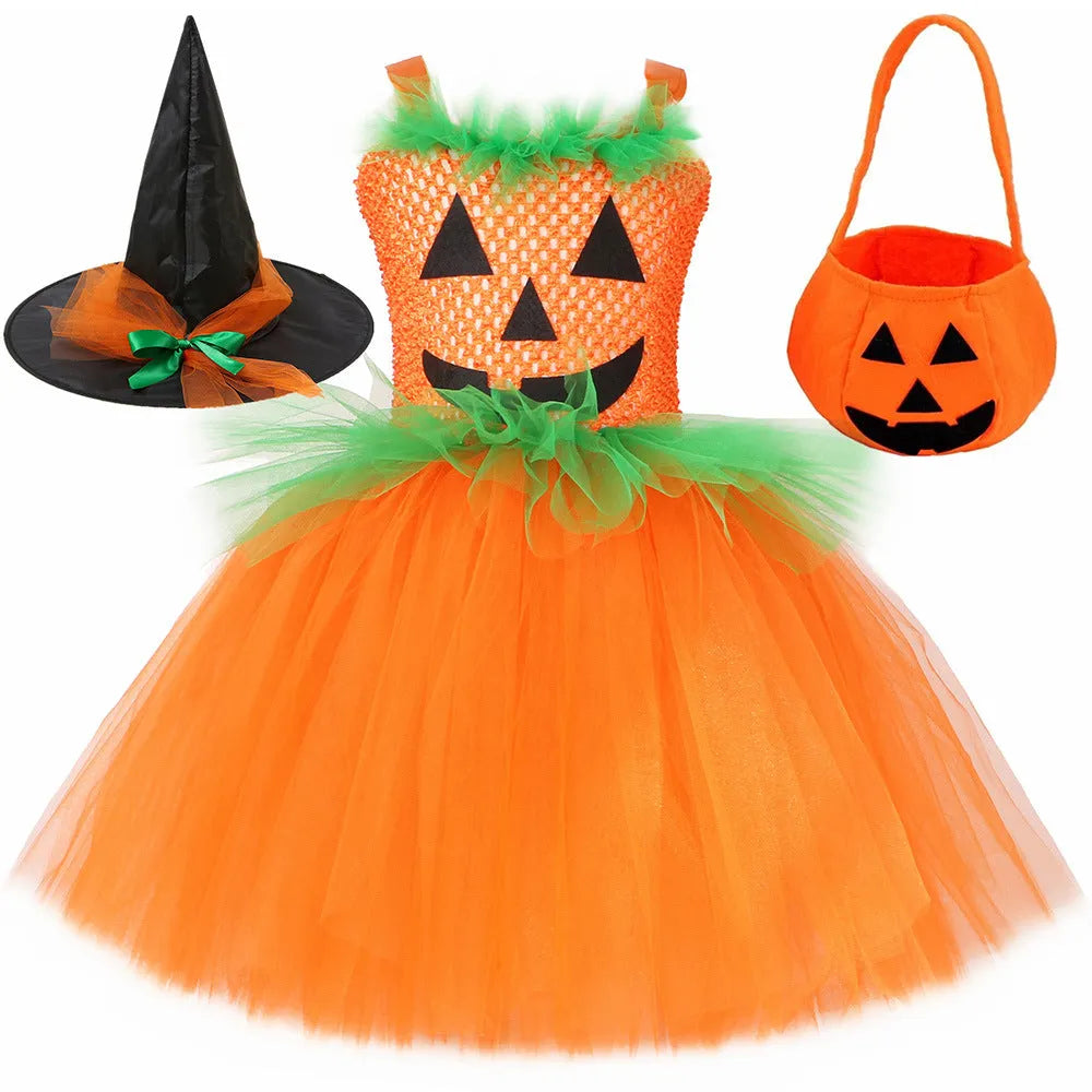 Girls' Halloween pumpkin skirt and hat set in nylon, princess dress style, cartoon element
