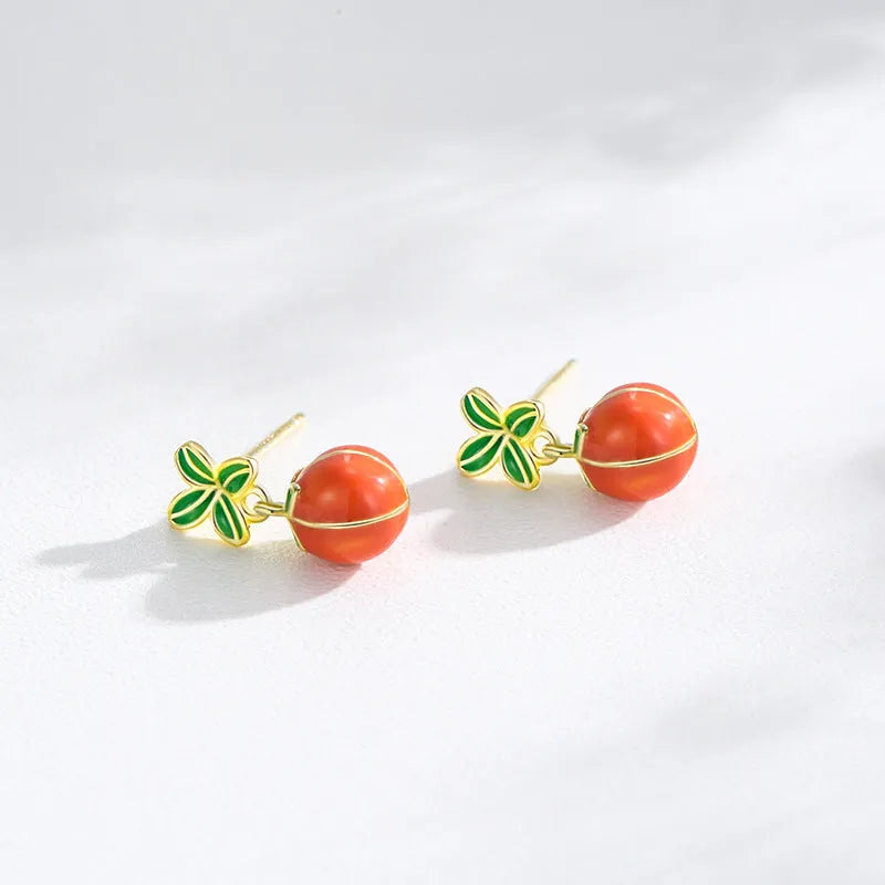 S925 sterling silver stud earrings with a red lucky persimmon charm, new Chinese style.