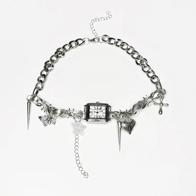 Dark style women's multi-layer cross necklace with adjustable alloy chain and hemp flower links