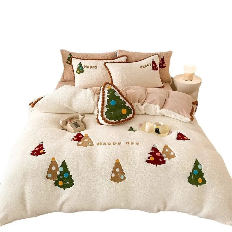 Bright yellow fleece-lined bedding set with embroidered cartoon Christmas trees on duvet cover and pillows.