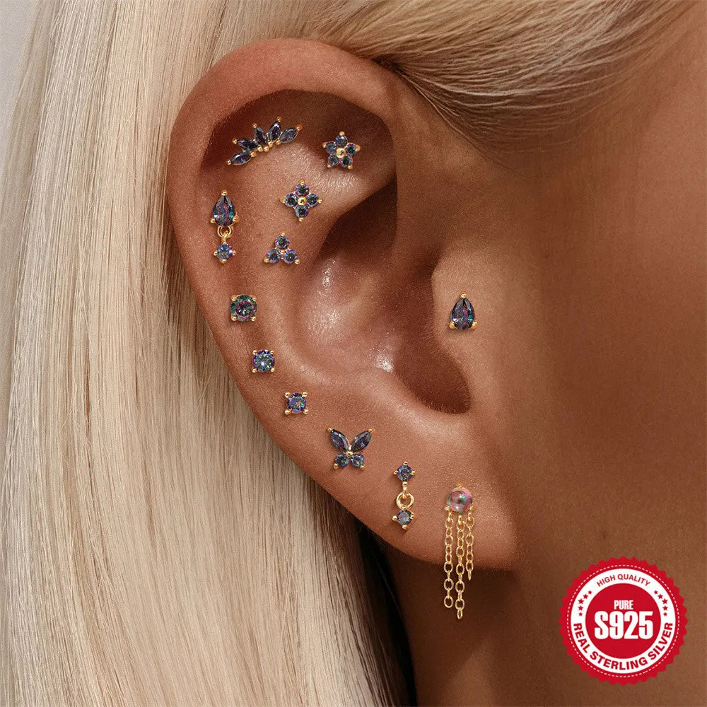 S925 sterling silver flat head thread piercing earrings with geometry rainbow stone in gold colour