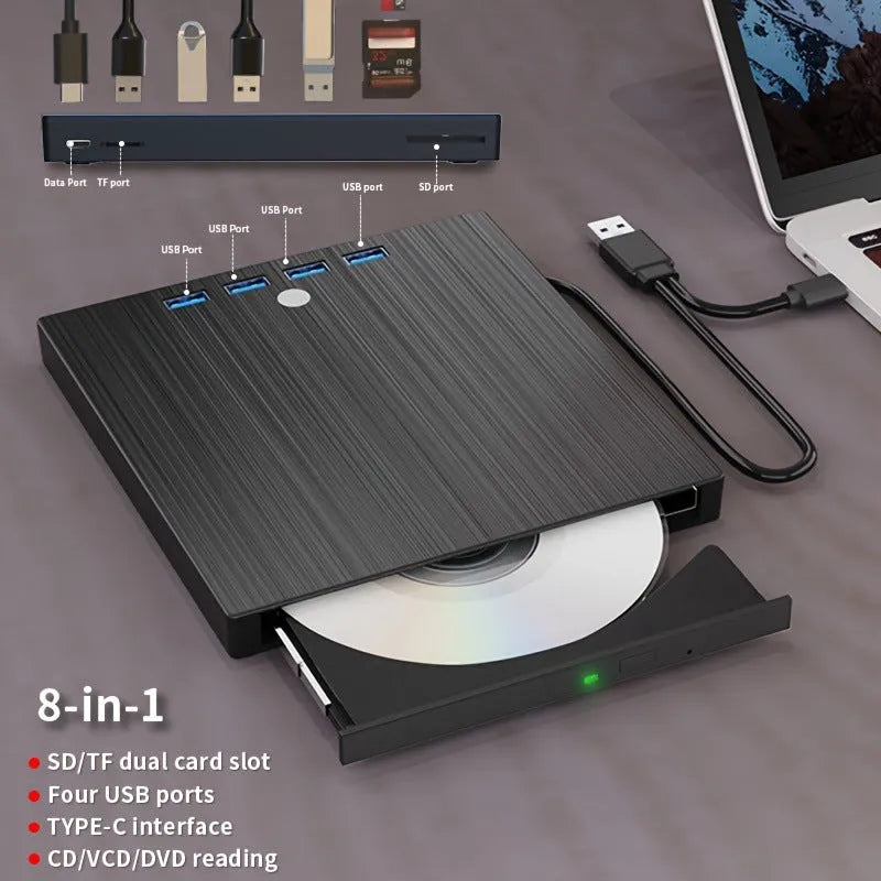Black external DVD burner with USB and Type-C cables, tray loading slot, and 0.36 kg plastic body