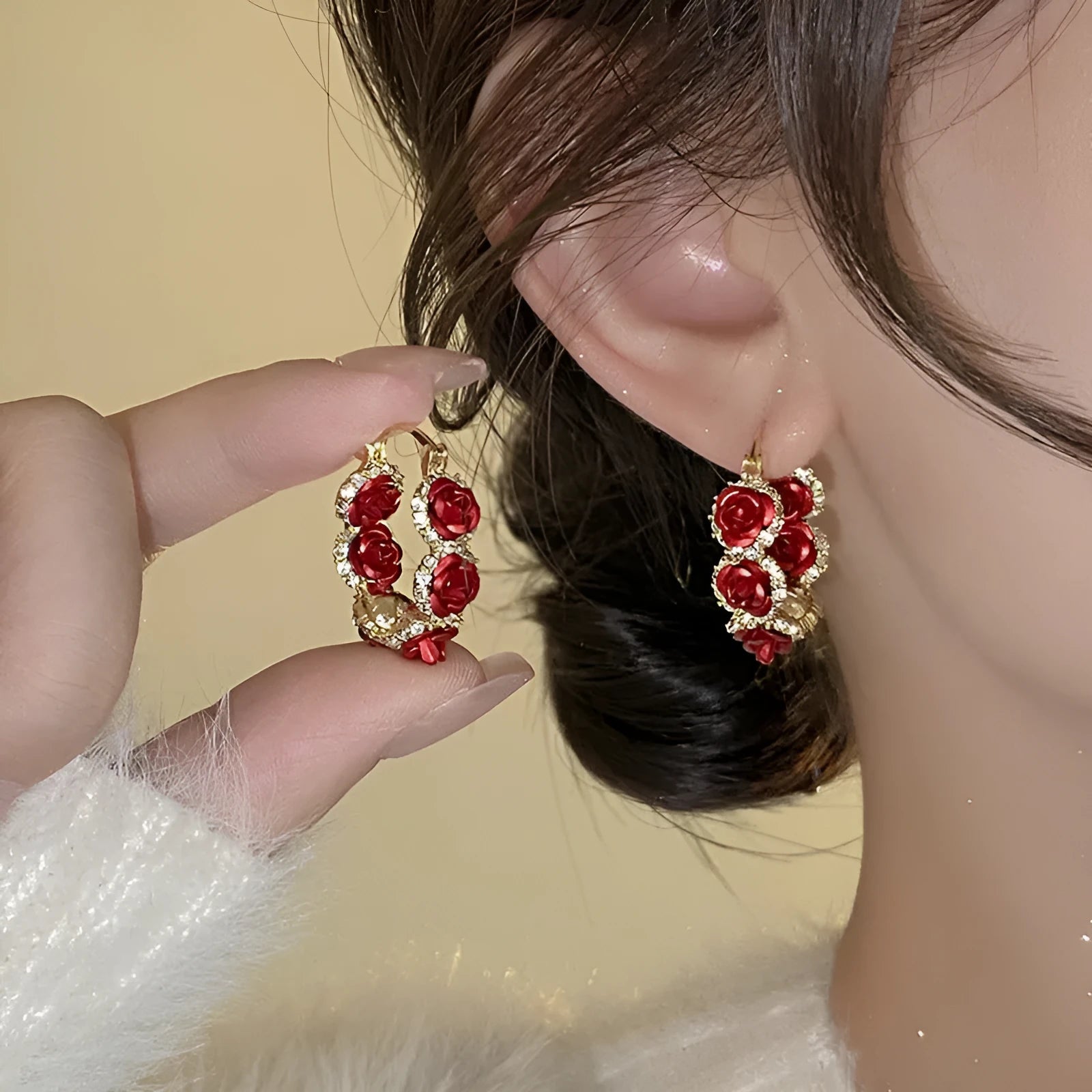 Red floral rose design alloy ear clip earrings for women with flower shape