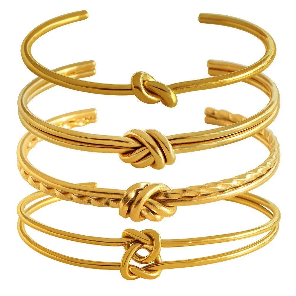 Women's adjustable C-shaped bracelet with double-layer knotted design in gold or silver finish