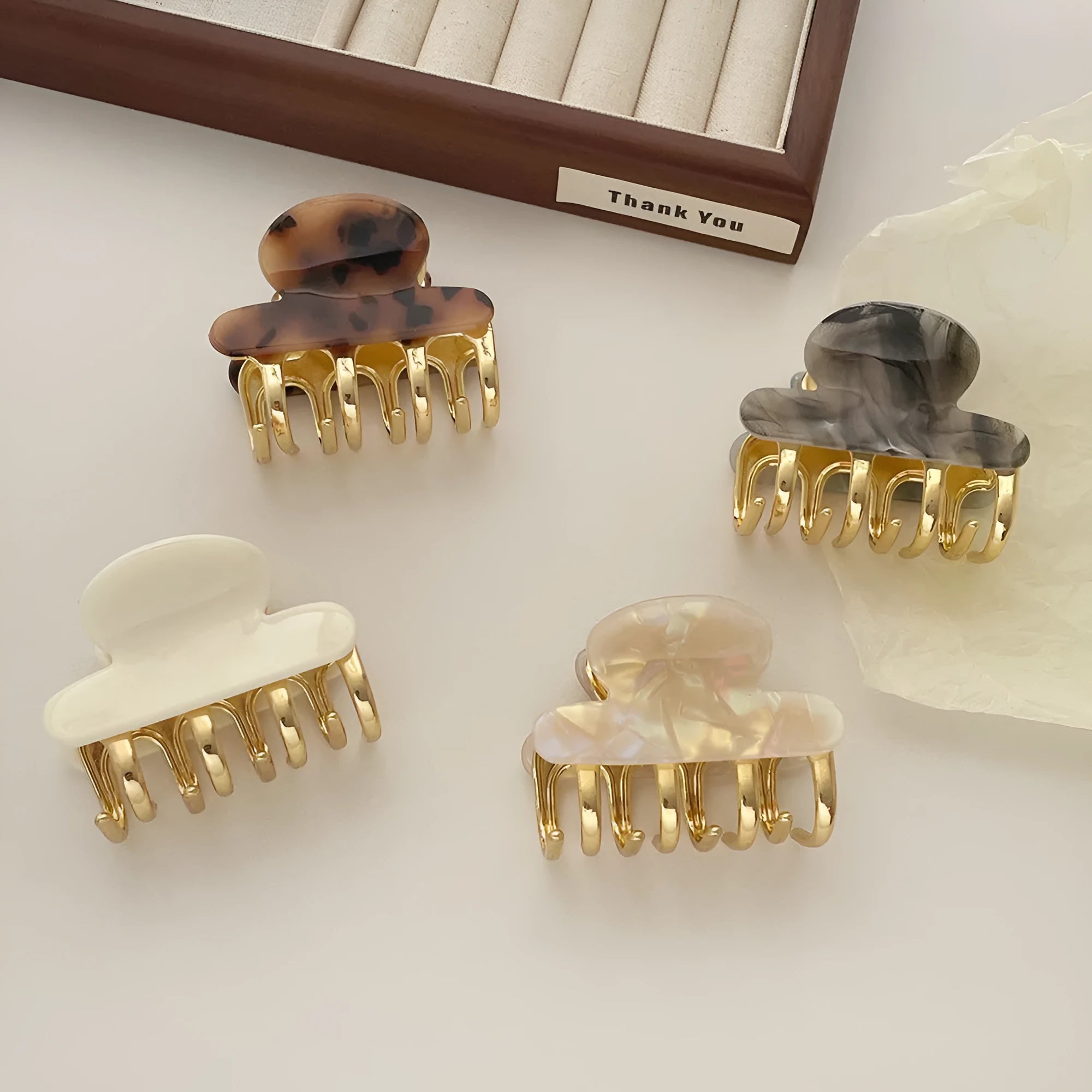 Medium-sized dopamine retro acetate hair clip barrettes with metal grip in four colour variations