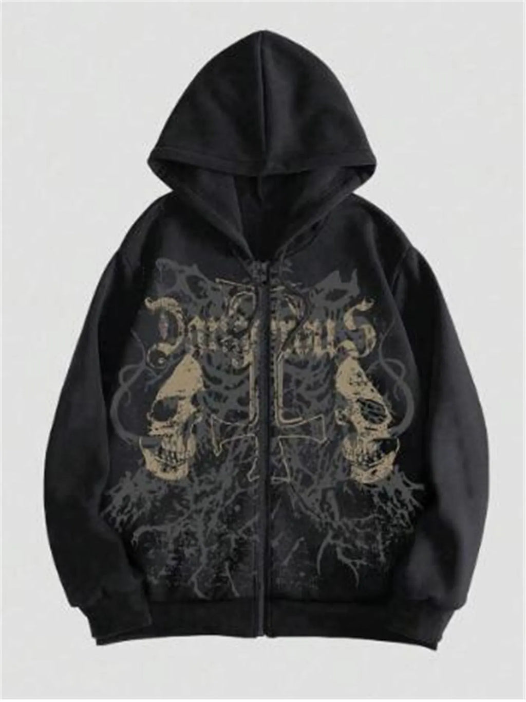 Black men's hooded sweatshirt with a white skull graphic print on the chest, featuring long sleeves.