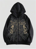 Black men's hooded sweatshirt with a white skull graphic print on the chest, featuring long sleeves.