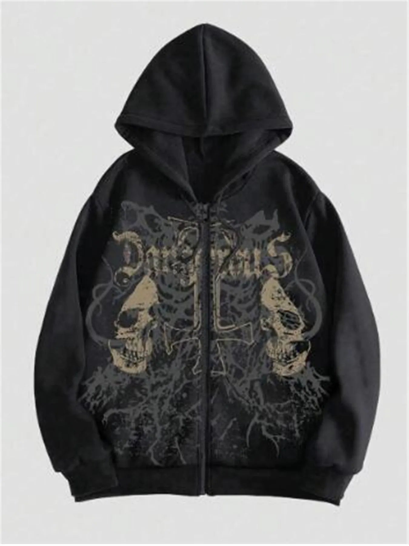 Black men's hooded sweatshirt with a white skull graphic print on the chest, featuring long sleeves.