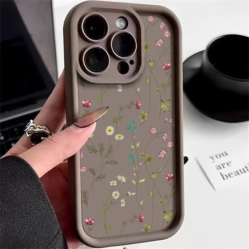 Line flower silicone iPhone case with photo frame, anti-fall all-inclusive cover in antique white, matte black or wine red