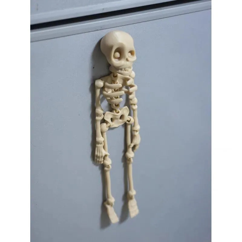 3D printed white skull refrigerator magnet with detailed model on a kitchen fridge.
