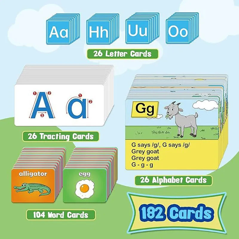 Creative letters learning sleeve table chart with alphabet cards laid out on a 60x40 cm educational play mat.