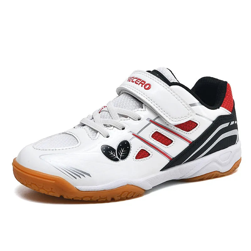 White and blue breathable badminton shoes with a low-top casual design and ribbed sole.