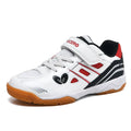 White and blue breathable badminton shoes with a low-top casual design and ribbed sole.