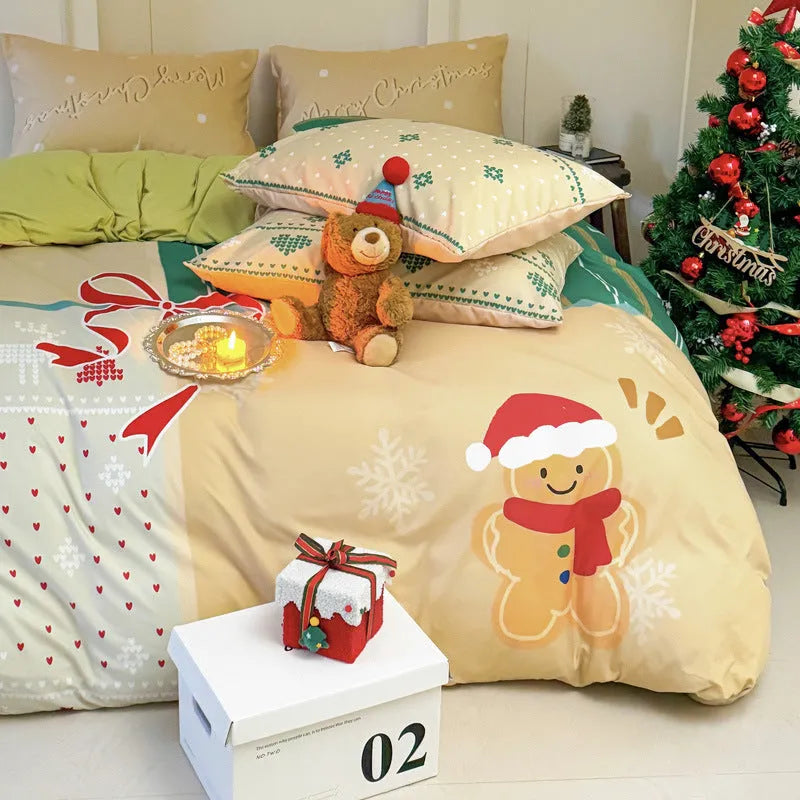 Christmas cartoon print bedding set with duvet cover, sheet, and pillowcases on a bed, showing super soft washed cotton-style fabric.
