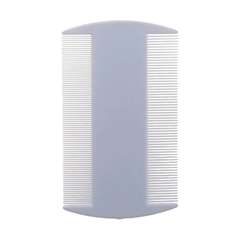 White double-sided fine-toothed plastic comb for removing lice and fleas, shown on a blue background.