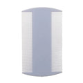White double-sided fine-toothed plastic comb for removing lice and fleas, shown on a blue background.