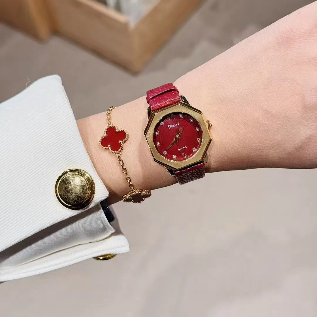 Ankela Red alloy women's watch with Chinese style design, showing 8mm thickness and various colour options.