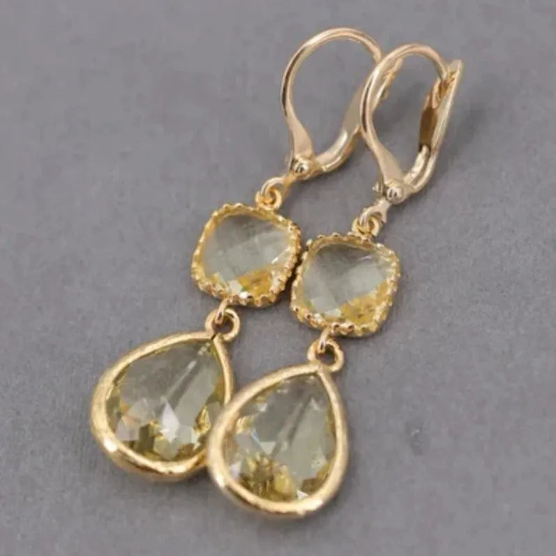 Gold geometric women's earrings with long fringe and water droplet crystals