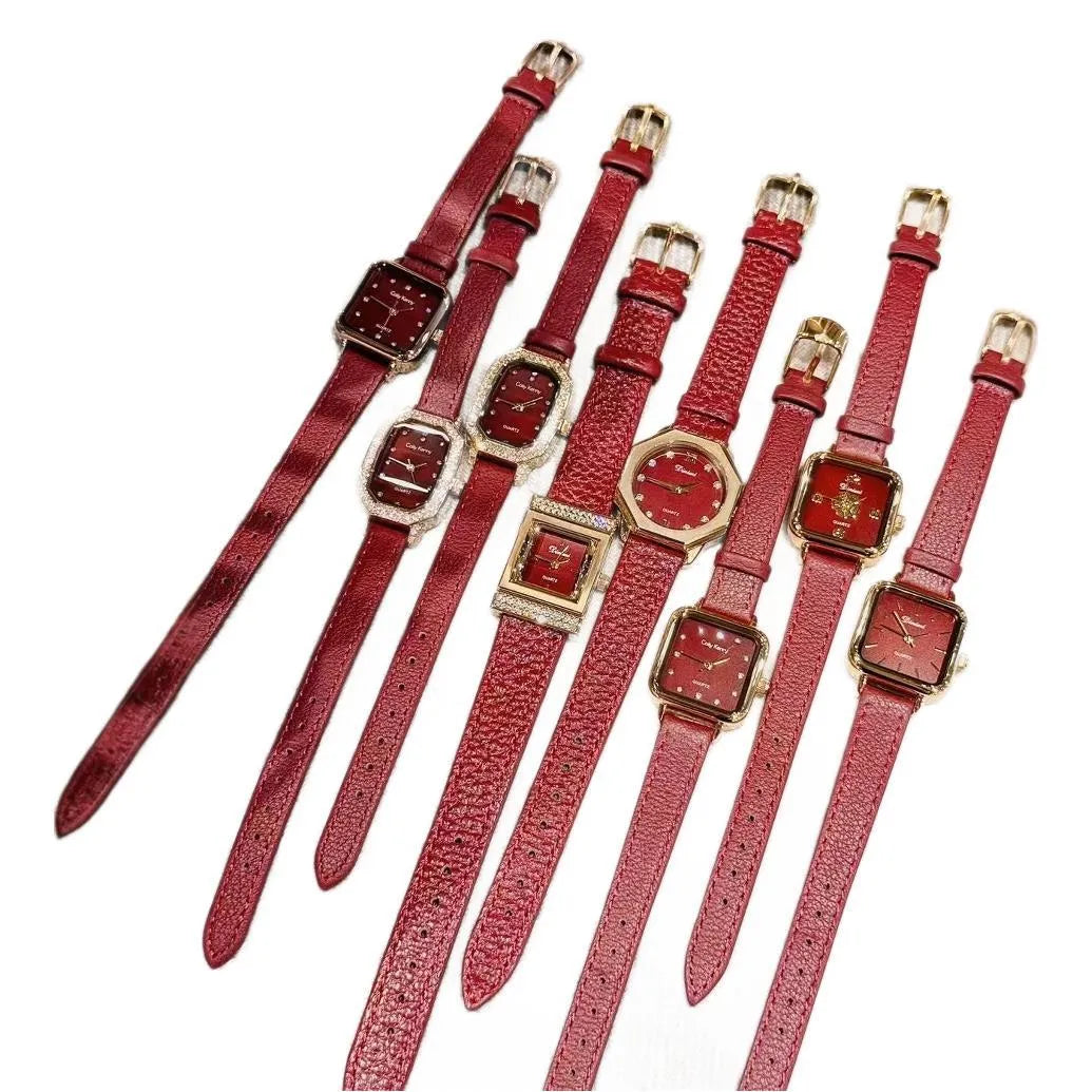 Ankela Red alloy women's watch with Chinese style design, showing 8mm thickness and various colour options.