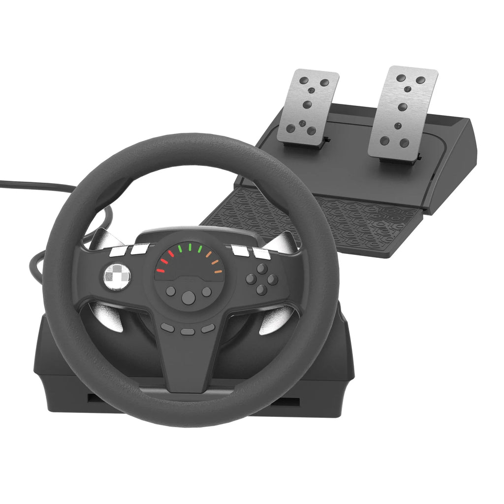 Black USB racing wheel game controller with two pedals and vibration feedback for multi-platform gaming