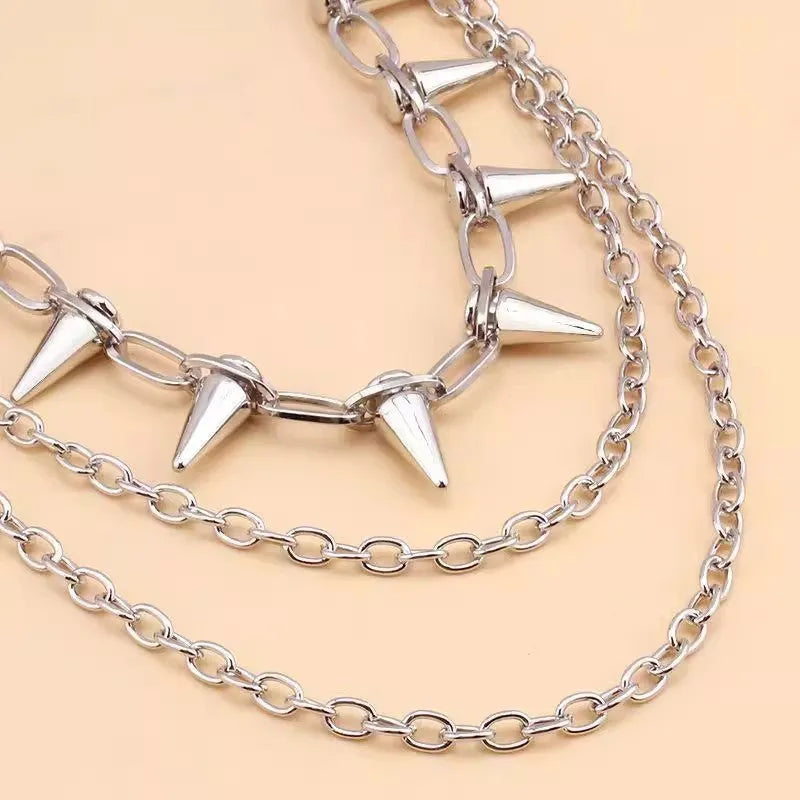 Silver metal double layer pants chain with rivet detailing for dark punk fashion 115cm length