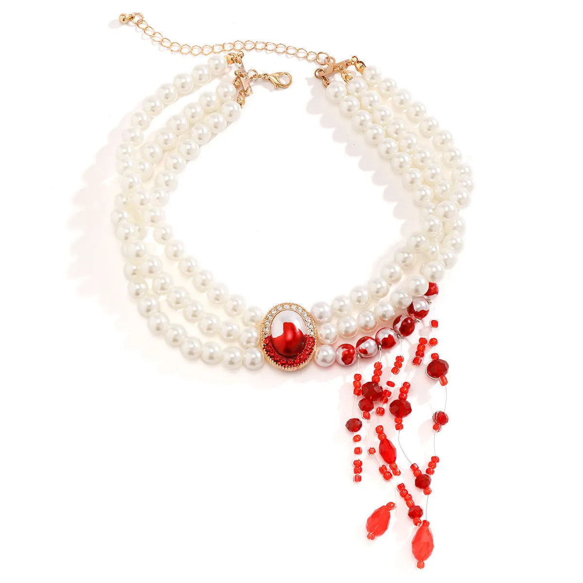 Halloween Gothic jewellery set with pearl collar necklace, matching bracelet and gold stud earrings