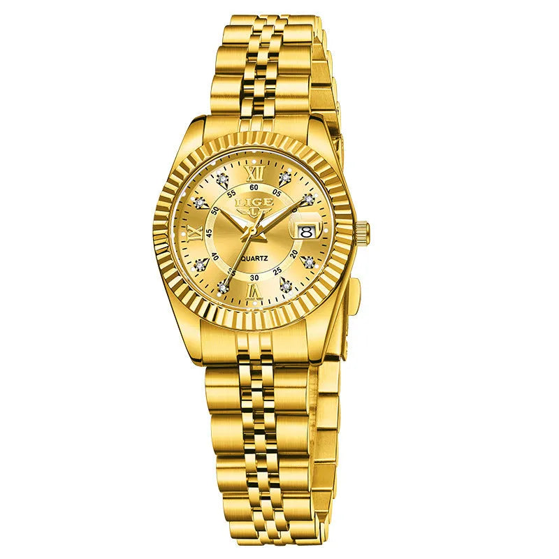 Slim gold and silver ladies quartz fashion watch with multiple dial colour options on a wrist.